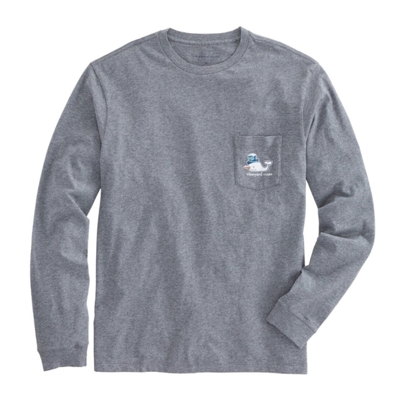 Vineyard Vines Gray Long-Sleeve Winter Holiday Snowman Whale Pocket T-Shirt - Picture 1 of 6